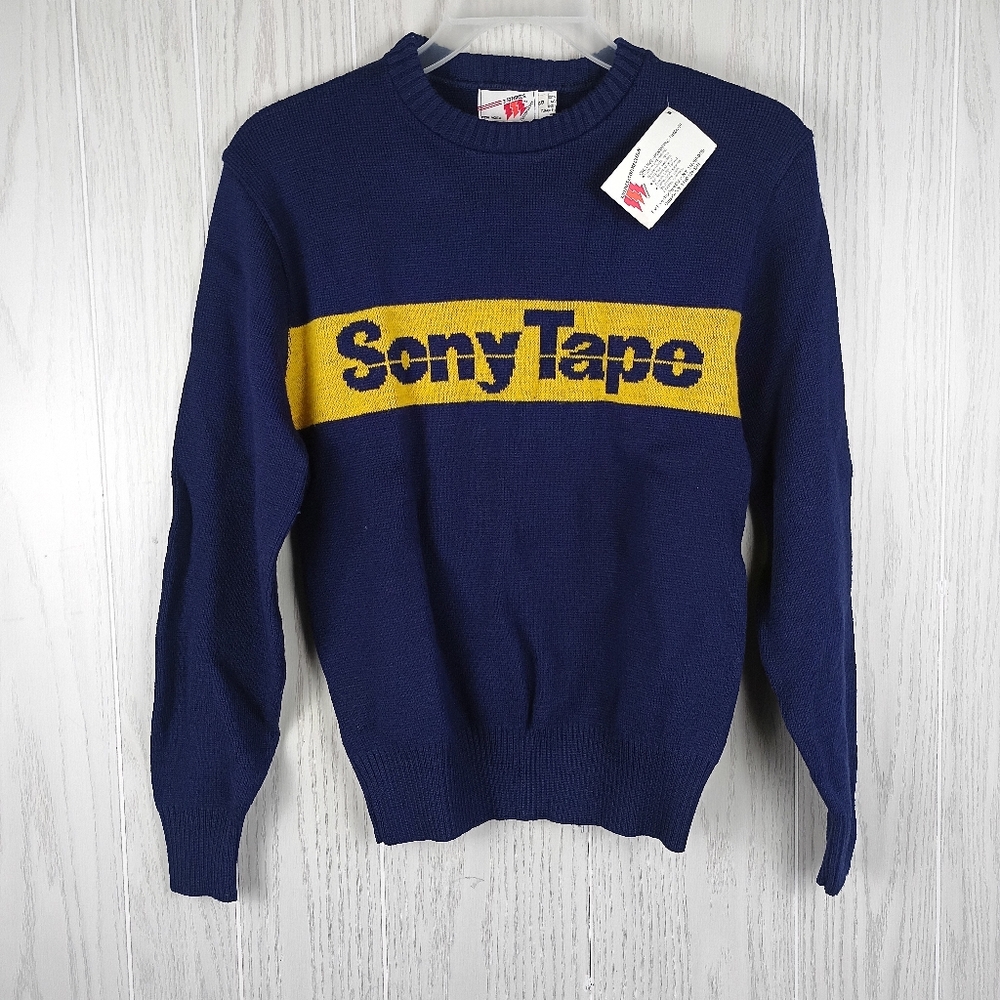 VINTAGE w/tag 1980's Extremely Rare Navy yellow Sony Tape knitted Sweater Size S